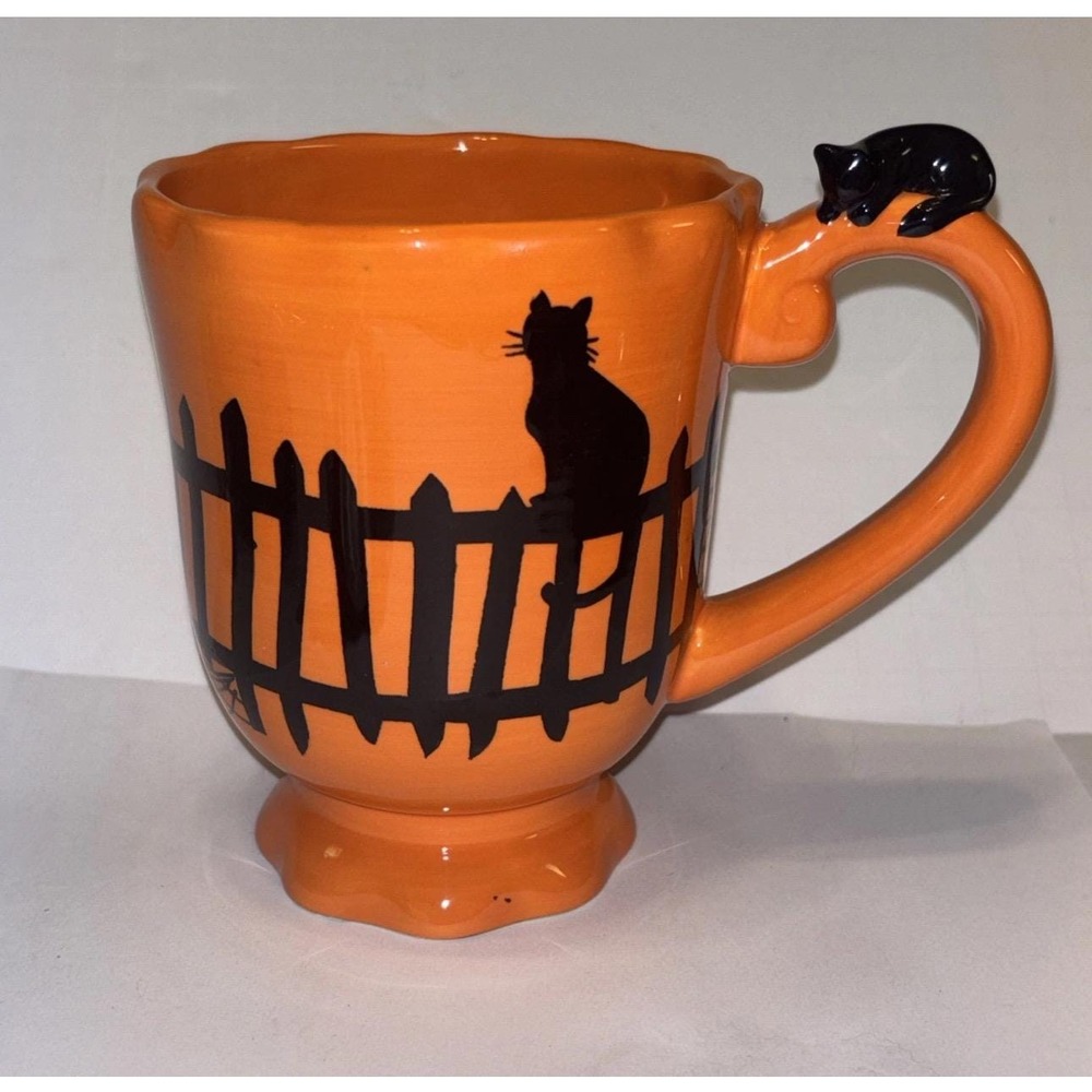 Black Cat Halloween Coffee Mug Ceramic Orange Black Mesa Home Products 16 OZ